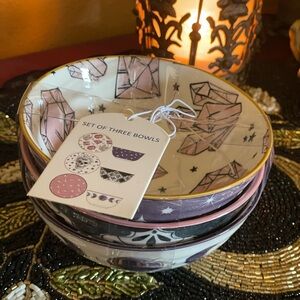 PRIMA DESIGN NWT Crystals Skulls Celestial Set of Three Patterned Bowls SET